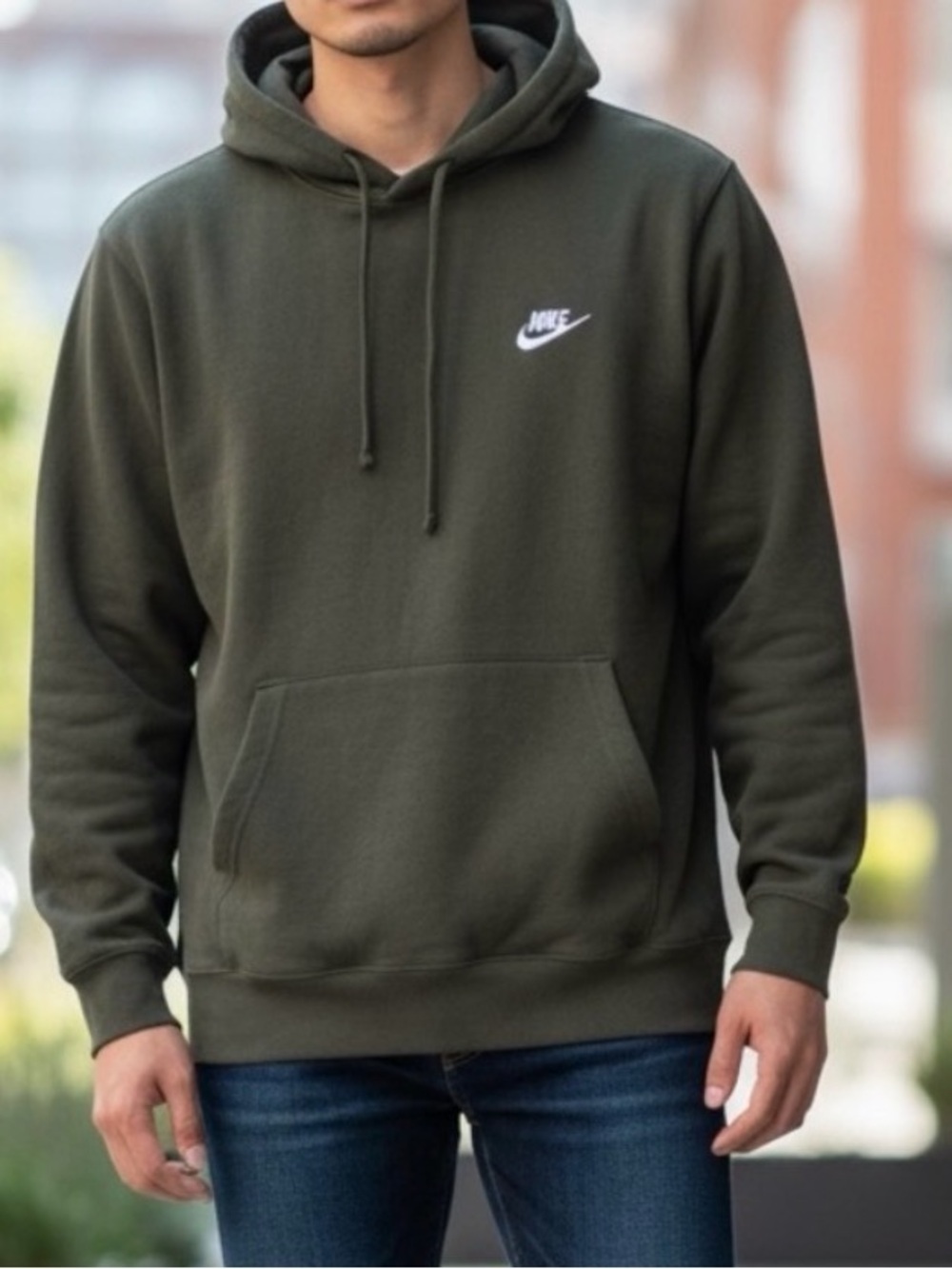 Nike Men's Large Olive Green Pullover Hoodie with White Logo